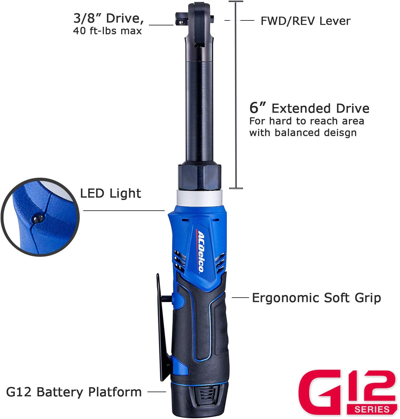 ACDelco ARW1218-K18 G12 Series 12V Li-ion Cordless 3/8' Extended Rachet Wrench & ¼' Ratchet Wrench Combo Tool Kit