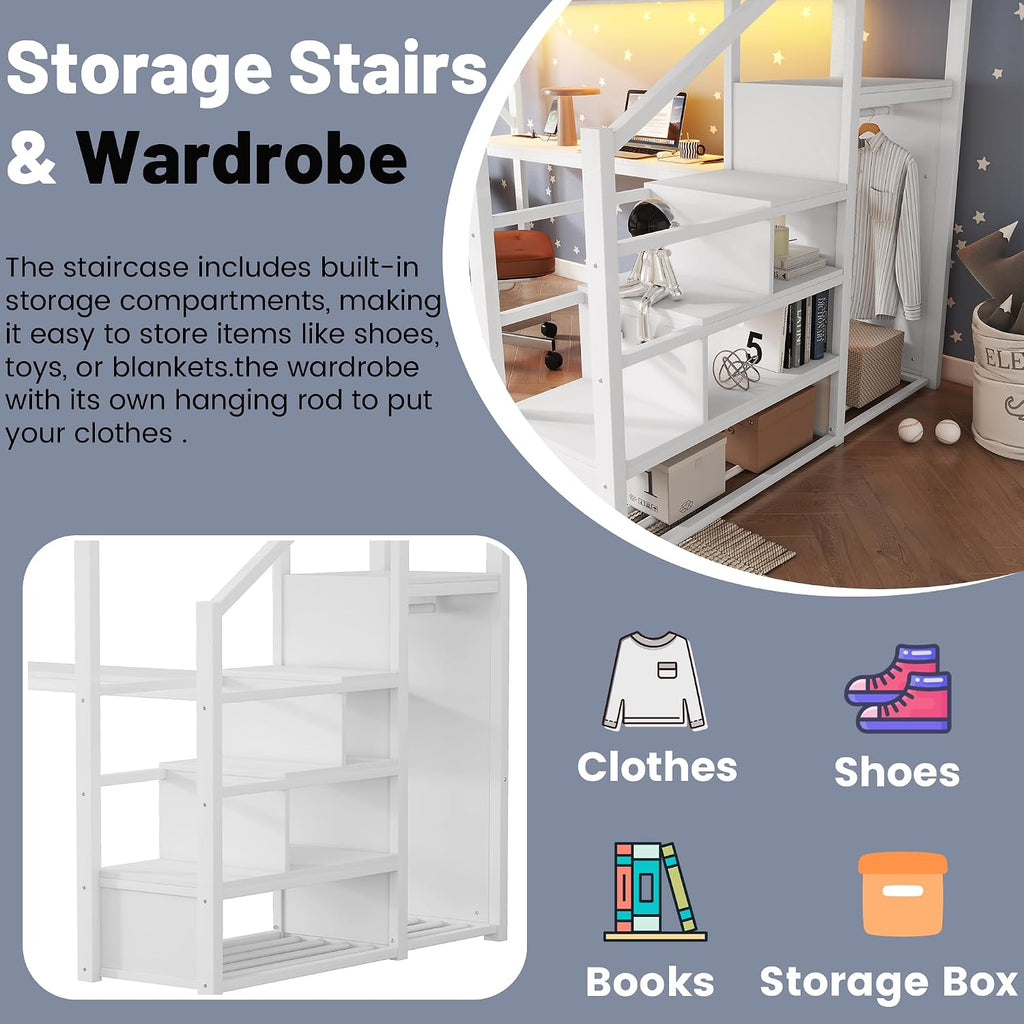 Queen Loft Bed with Desk and Stairs, Metal Lofts Bed Queen Size with Upper Storage Shelf, Gaming LoftBed with LED, Charging Station and Wardrobe for Teens, Adults,White