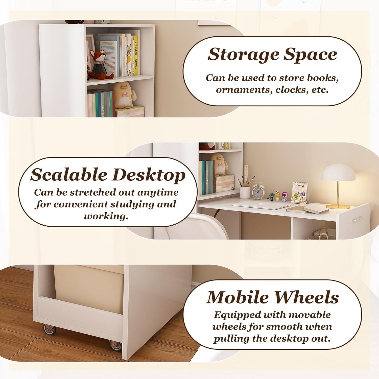 KEIKI Home Office Stretchable Desks with Storage Shelves and Mobile Wheels, Modern Wood Foldable Desk Gaming Computer Corner Table for Apartments Work, Study, Writing, White