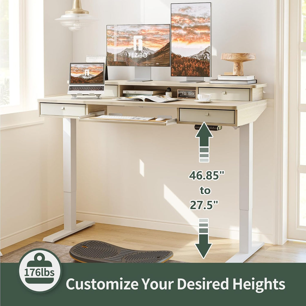 FEZIBO 55'' x 24' Height Adjustable Electric Standing Desk with 4 Drawers and Keyboard Tray, Home Office Table for Work, Study, Gaming, Writing, Light Walnut