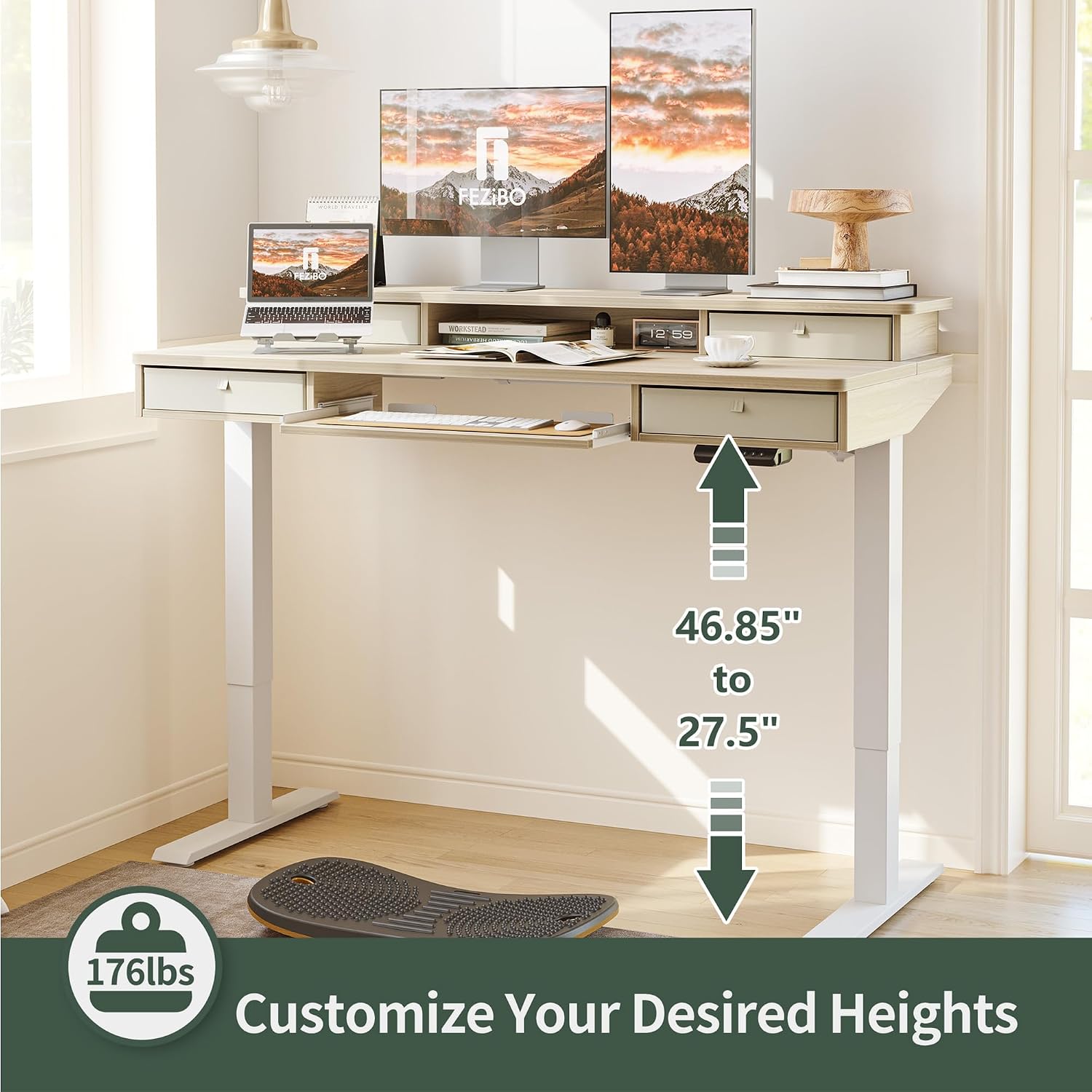 FEZIBO 55'' x 24' Height Adjustable Electric Standing Desk with 4 Drawers and Keyboard Tray, Home Office Table for Work, Study, Gaming, Writing, Light Walnut