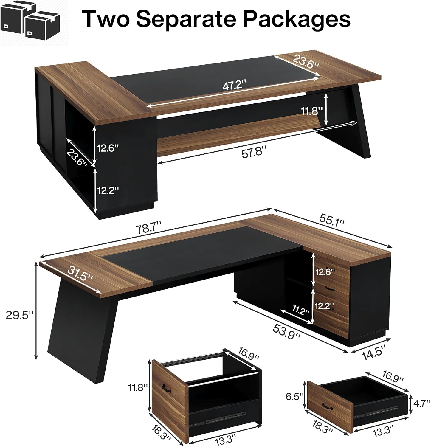 Tribesigns L-Shaped Executive Desk, 78-Inch Modern Office Desk with Drawers and Lateral File Cabinet, Large Bussiness Furniture with Storage Shelves, Workstation for Home Office (Brwon + Black)