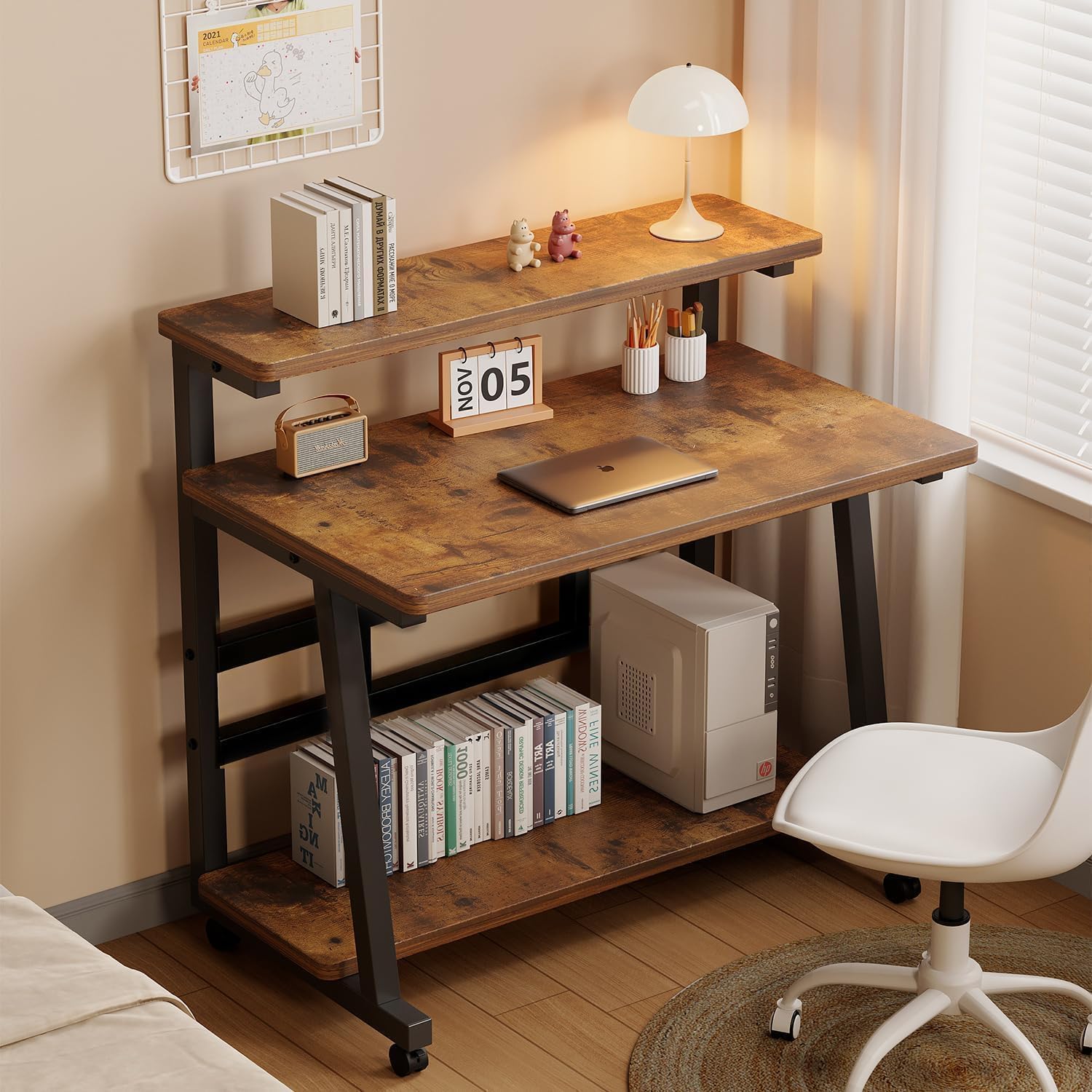 31.5 Inch Compact Rolling Computer Desk with Tier Worktable & Lockable Wheels, Small Computer Desk, Small Desk for Bedroom, Mobile Writing Workstation Easy Assembly for Home Office Small Spaces