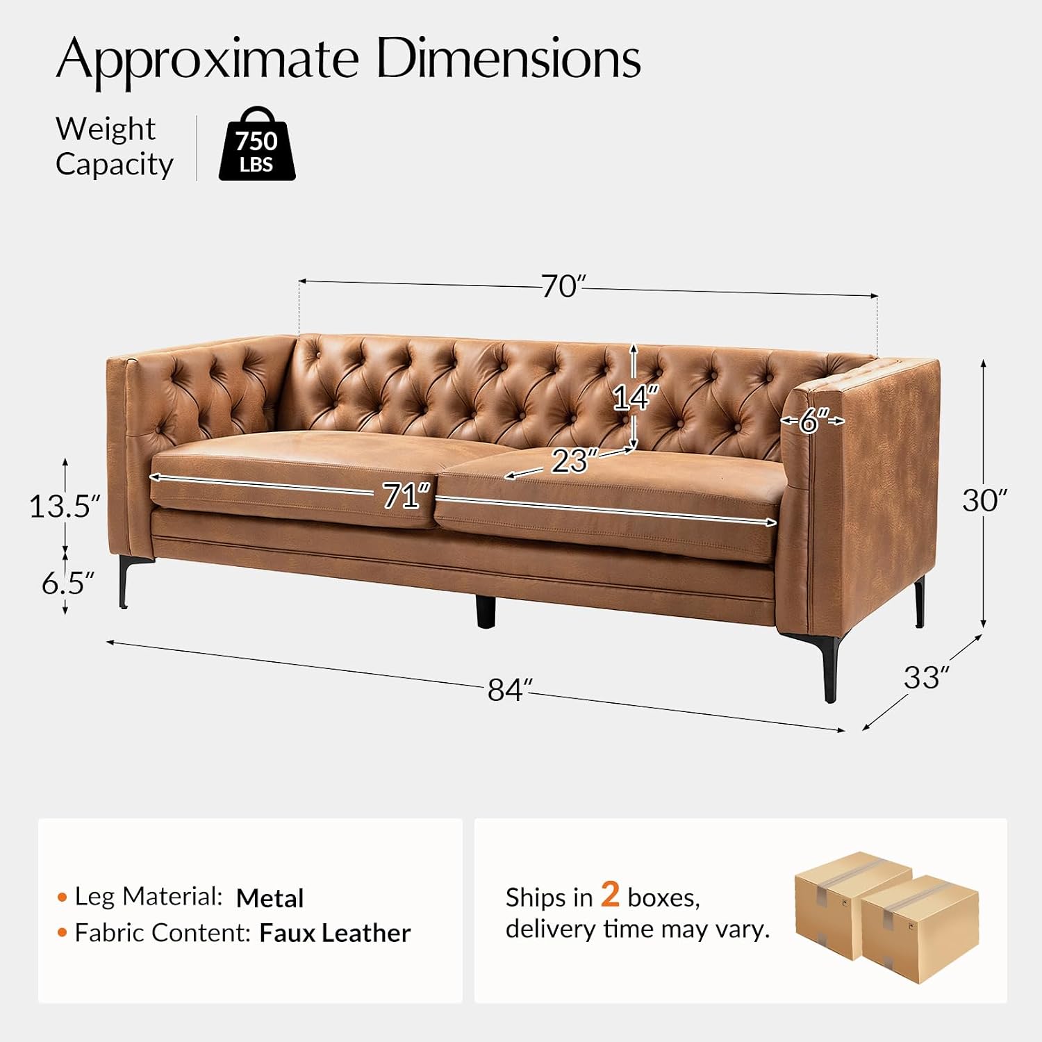 HULALA HOME 84' W Faux Leather Sofa Couch with Metal Legs, Button-Tufted 3-Seater Sofa, Mid Century Modern Upholstered Couch for Living Room, Entertainment Area, Apartment,Camel