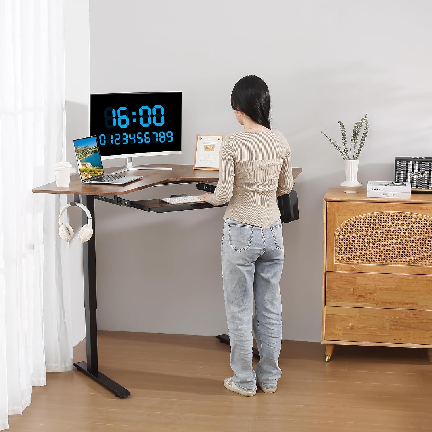 ETHU Electric L-Shape Standing Desk with Keyboard Tray, Height Adjustable 29-42 inches, Modern Style, Brown, For Home Office, Gaming, Work