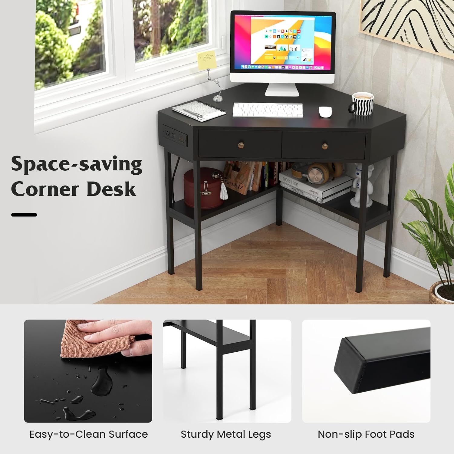 Tangkula Corner Desk with 2 Drawers & Built-in Charging Station, 90 Degrees Triangle Computer Desk for Small Space, Bedroom Makeup Vanity Desk with Storage Shelves, Corner Writing Desk