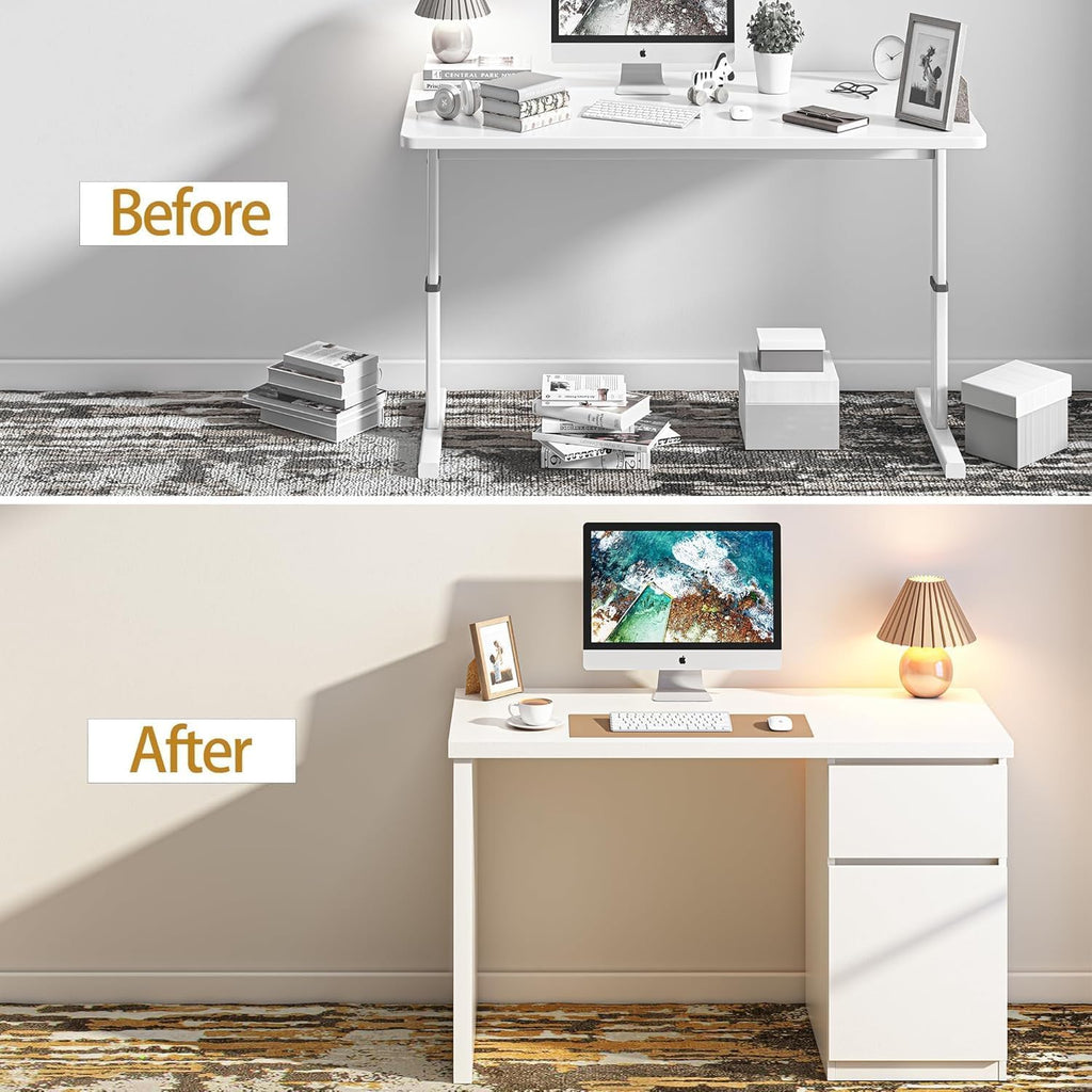 furtble White Desk with Drawers, 47 Inch Small Cute Desk for Bedroom, Home Office PC Desks Workstation Study Table Desks with Storage, White