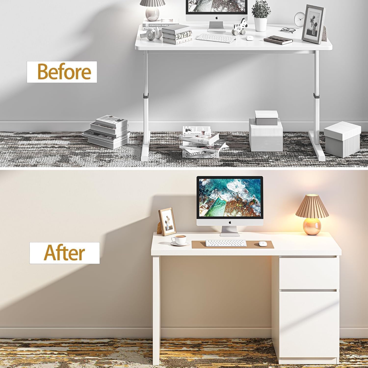 furtble White Desk with Drawers, 47 Inch Small Cute Desk for Bedroom, Home Office PC Desks Workstation Study Table Desks with Storage, White
