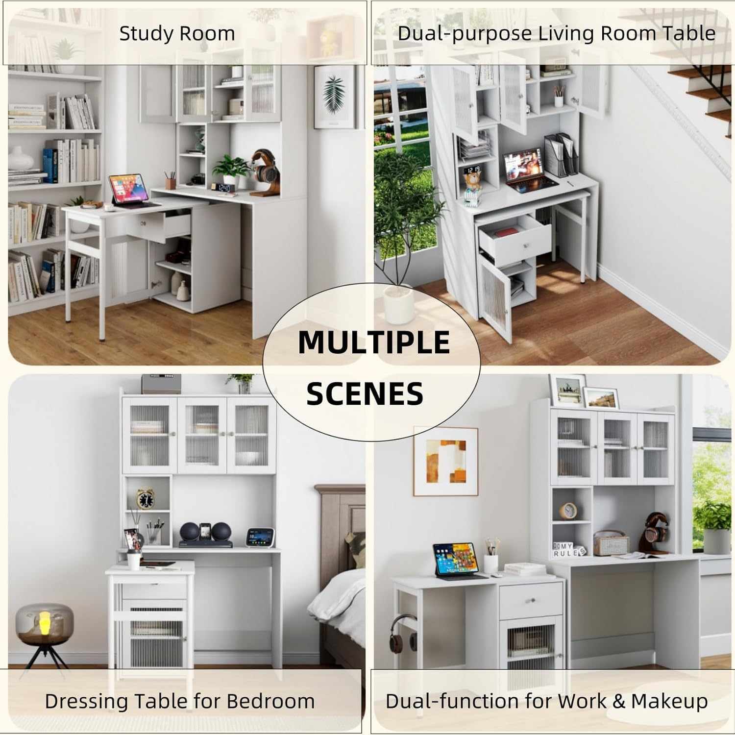 KEIKI L Shaped Home Office Desks with 90° Rotating Retractable Desktop, Glass Door, Hutch, Drawers, Bookshelf & Storage Shelves, Modern Gaming Computer Corner Table for Work, Study, Writing, White