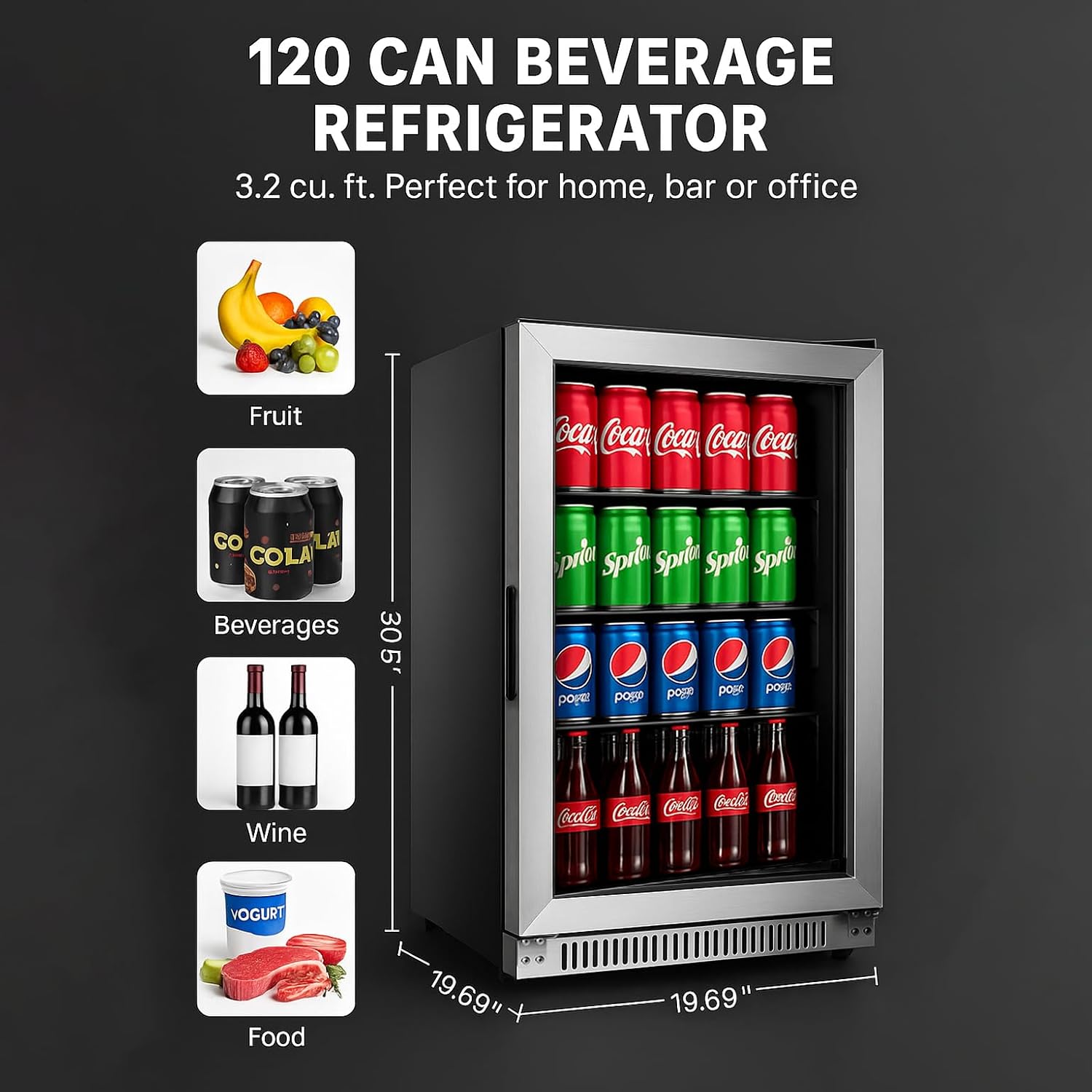 20.1 Inch Built-in Beverage Refrigerator with 7-Color LED Light, Compact 120 Can Under Counter or Freestanding Stainless Steel Drink Cooler Fridge with Glass Door for Soda & Beer