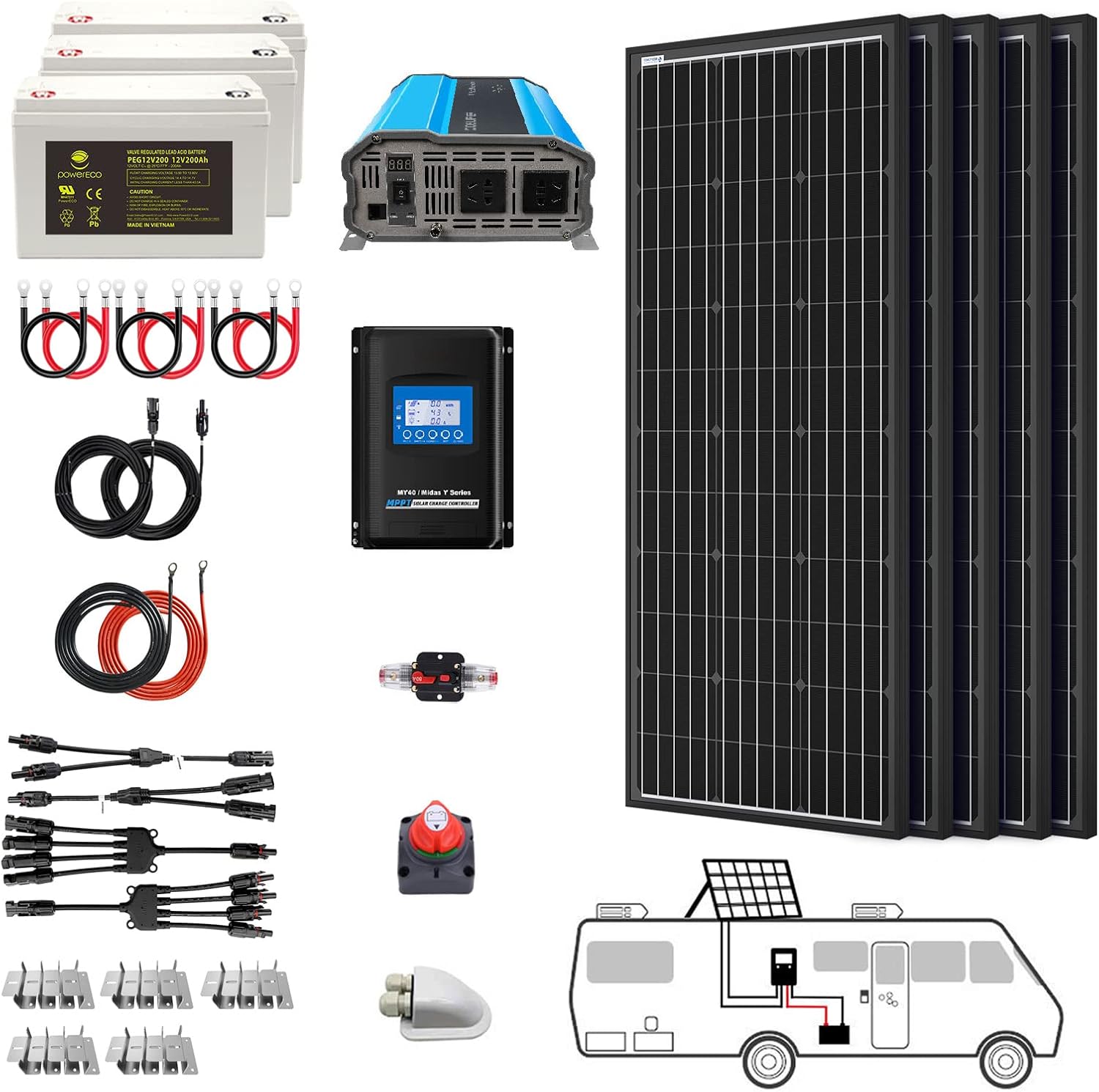 500 Watt (5pcs 100W Mono) Solar Panel Kit + 3000 Watt Power Inverter + Gel Battery Bank for RV, Boat, Cabin, Off-Grid 12 Volt Battery System