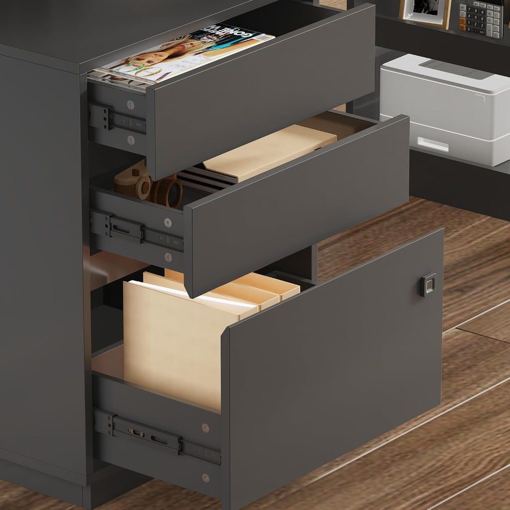 63' W Height Adjustable Standing Desk with Drawers & Fingerprint Lock, Electric Stand up Desk with Metal Pegboard, I Shaped Home Office Table Corner Computer Workstation, Black (29.8'-45.3' H)