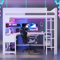 Virubi Full Gaming Loft Bed with Desk and Storage Shelves, LED RGB and Charging Station, Wood High Loft Bed with Storage Case, Ladders,and Guardrails for Adults Teens (White)