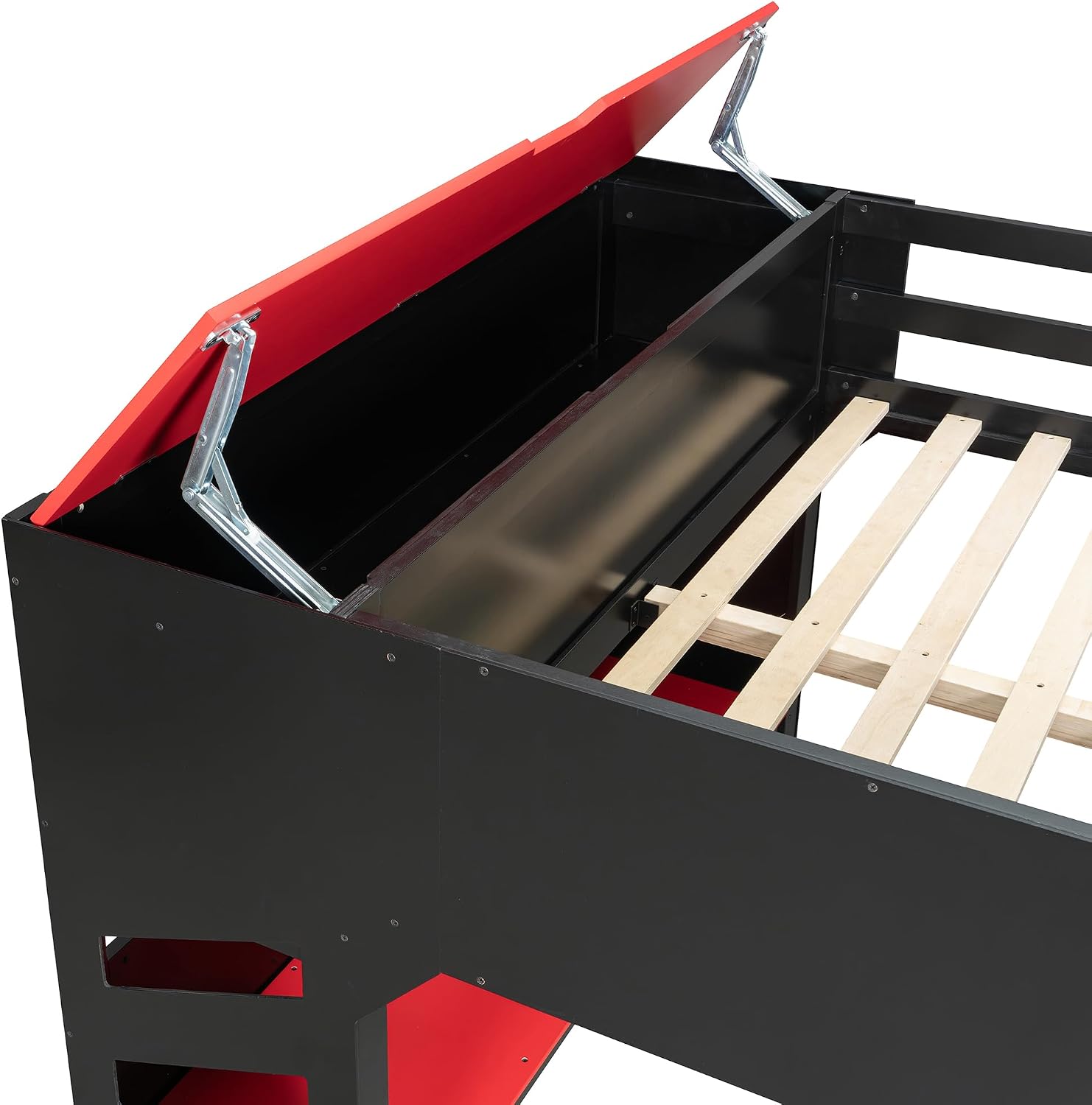 Merax Wood Loft Bed with Height-Adjustable Desk,Drawers,Storage Compartments,Hanging Rod and RGB Lights, Full Size, Red