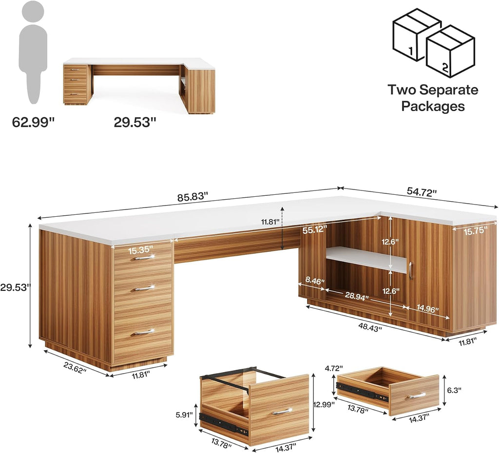 Tribesigns 85.8' L-Shaped Executive Desk, Extra Large Office Desk with File Drawers, Modern Business Furniture, Computer Desk Workstation with Door Cabinet, Shelves for Home Office, White & Brown