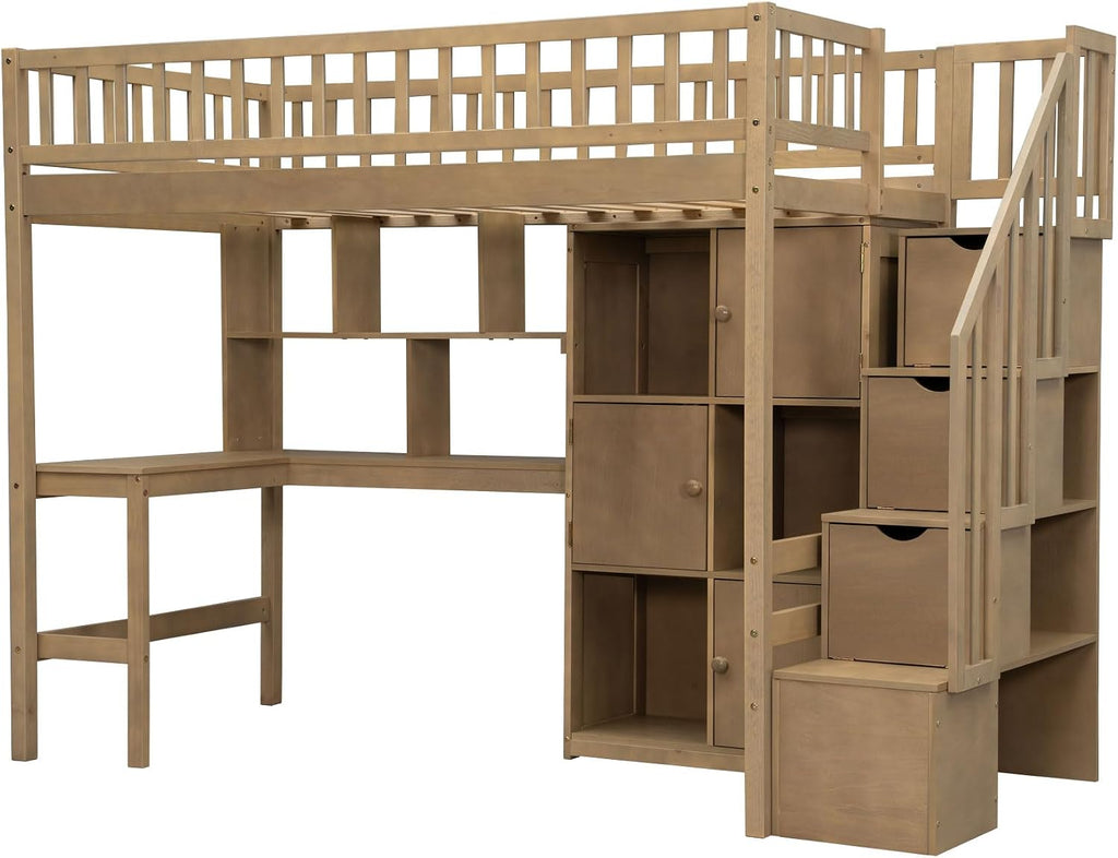 MERITLINE Twin Loft Bed with L-Shaped Desk and Storage Stairs, Solid Wood Loft Bed with LED Lights,Storage Shelves and Cabinets,Stairway Bed Frame with Bookshelves for Teens Adults (Walnut)