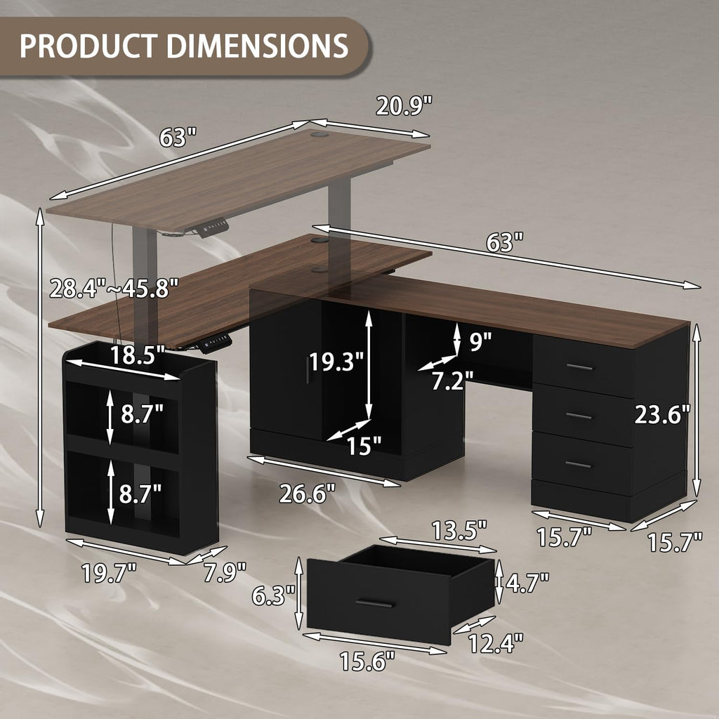 63' W Height Adjustable Standing Desk with Drawers & Cabinet, Electric Stand up Desk with Storage, L Shaped Home Office Table Corner Computer Workstation, Black & Brown (28.4'-45.8' H)