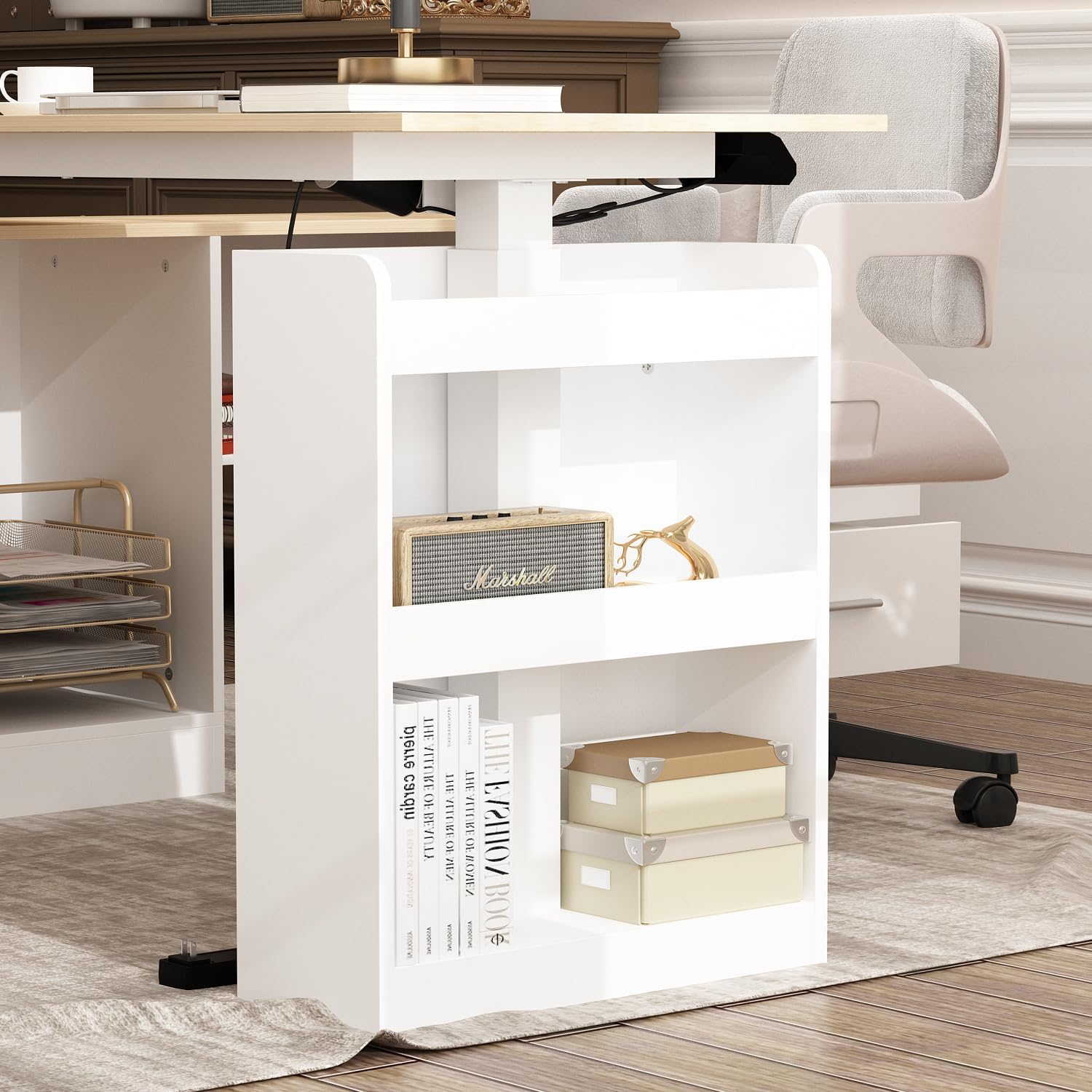Homsee Home Office L Shaped Electric Standing Desk with Drawers and Shelves, Height Adjustable Stand up Desk, 63' Computer Executive Corner Table, Oak & White