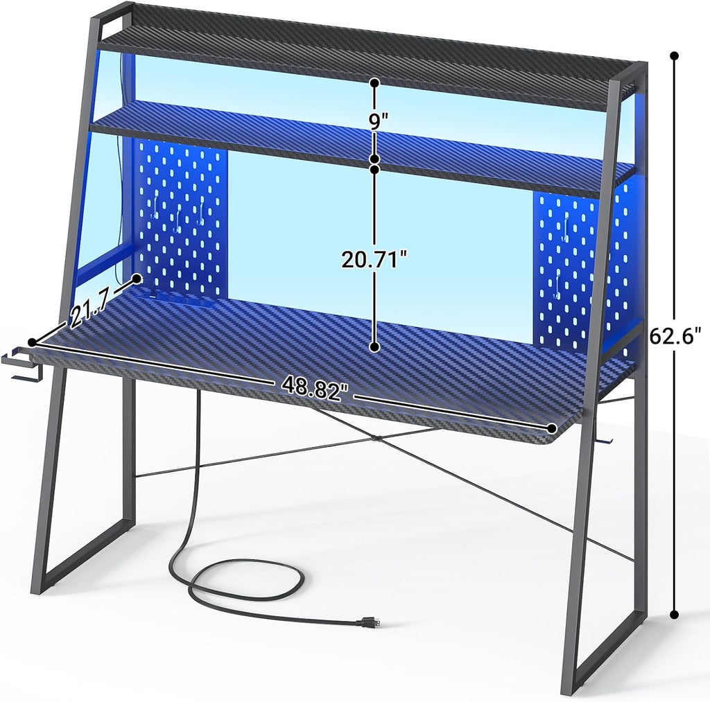 Besiost Gaming Desk with Hutch and LED Lights, Gaming Computer Desk with Power Outlets, Gamer Desk with Storage Shelves, PC Game Desks with Pegboards, for Bedroom, Carbon Fiber Black, 49'