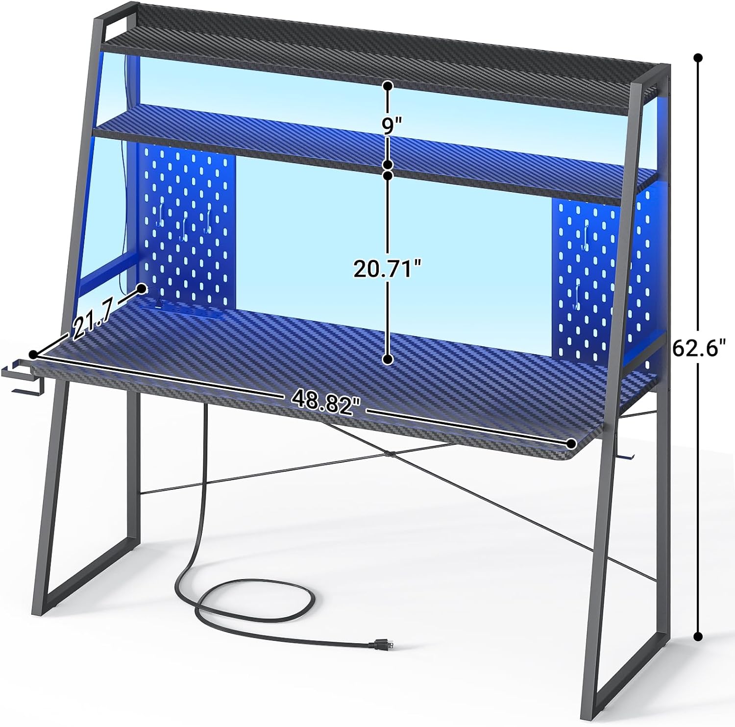 Besiost Gaming Desk with Hutch and LED Lights, Gaming Computer Desk with Power Outlets, Gamer Desk with Storage Shelves, PC Game Desks with Pegboards, for Bedroom, Carbon Fiber Black, 49'