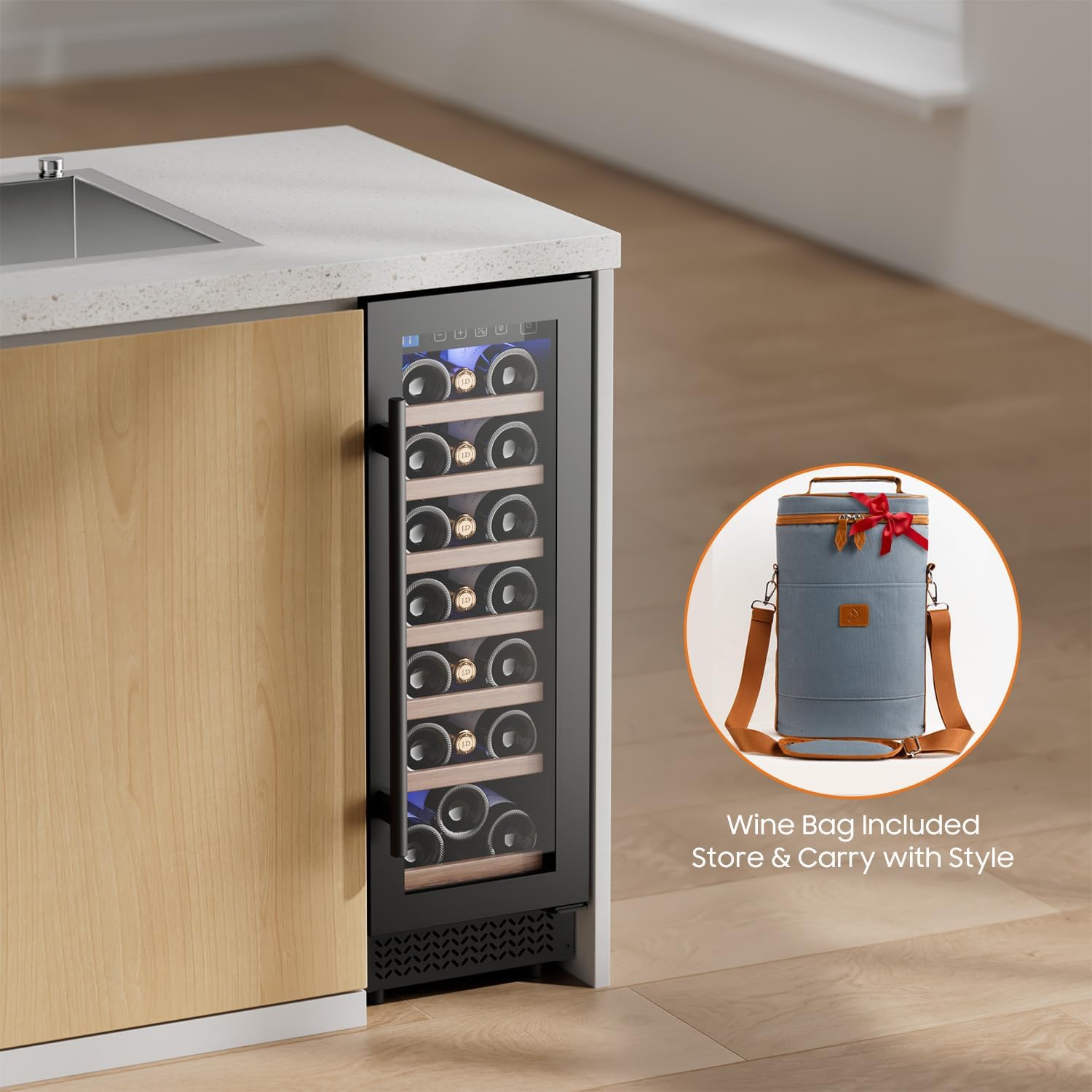 12' Wine Cooler Refrigerator 21 Bottle Wine Fridge Built-in or Freestanding with Double-Layer Tempered Glass Door Compressor quick cooling, Low Noise