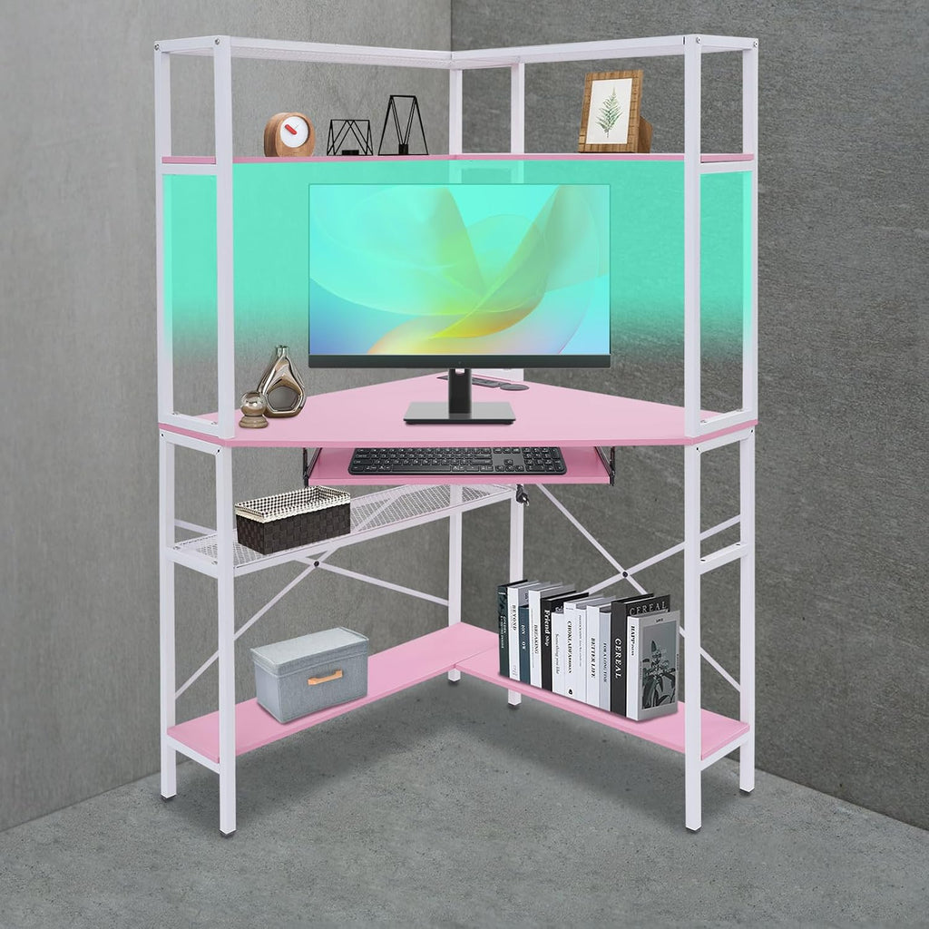 Corner Small Desk for Small Space, 29.5'*29.5'*60' Corner Computer Desk with USB Ports Triangle Gaming Desk with with RGB LED Lighting for Home Office, Living Room, Bedroom (Pink)