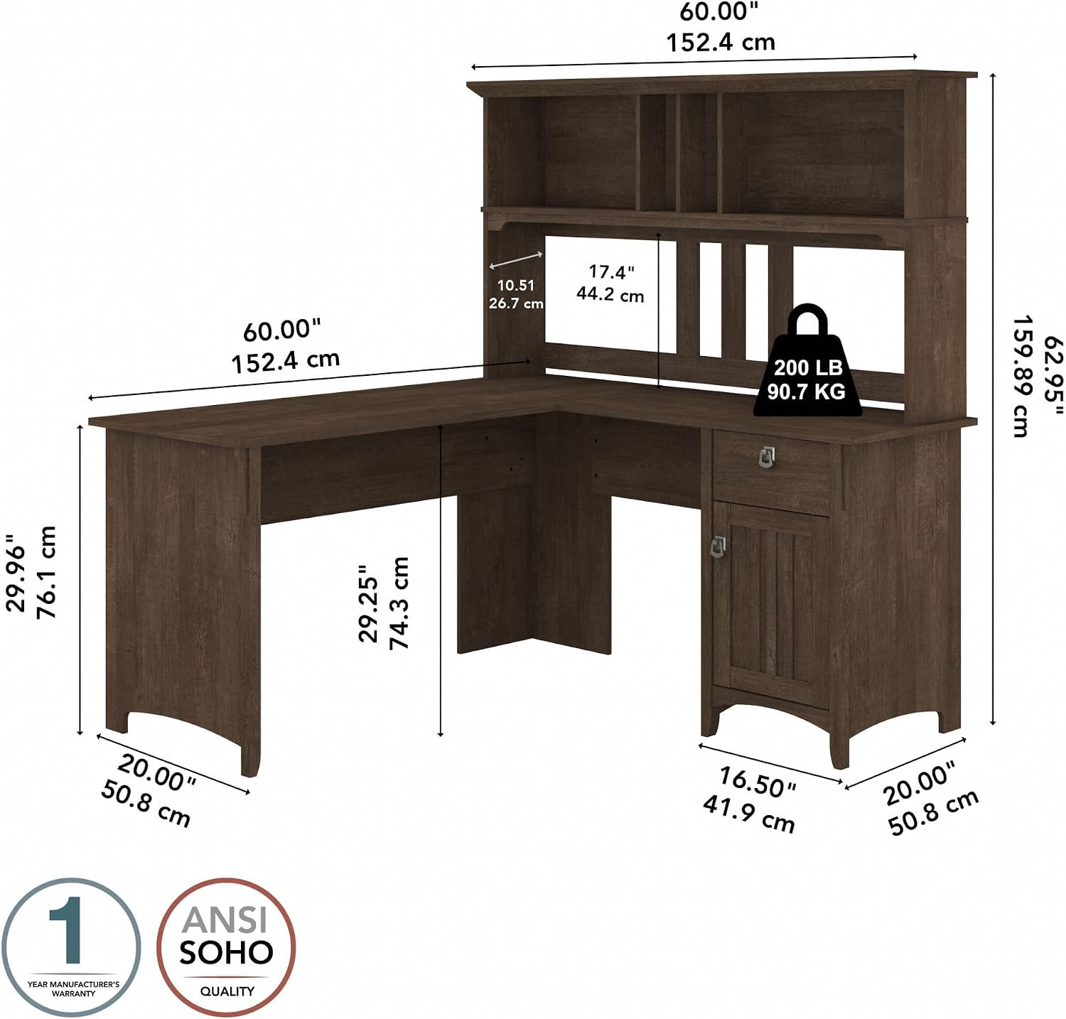 Bush Furniture Salinas L Shaped Desk with Hutch in Ash Brown, Corner Table with Drawers and Storage for Home Office