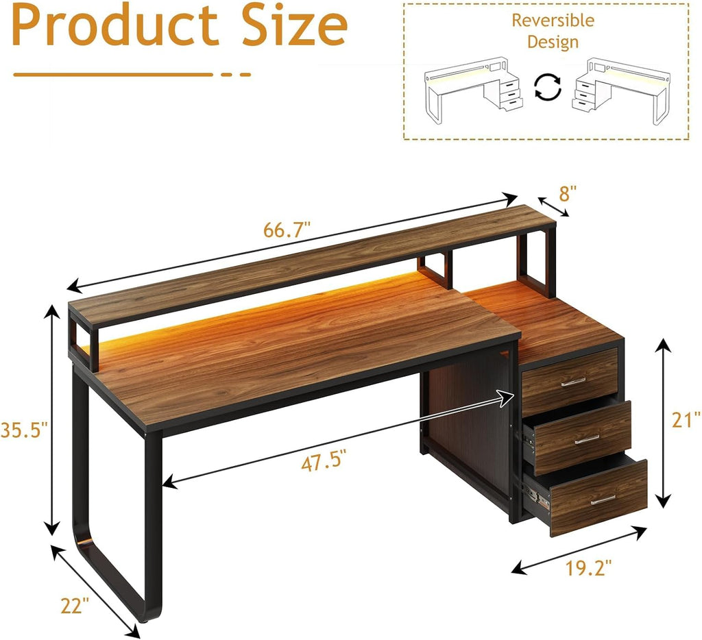 HOMBCK 67' Computer Desk with 3 Drawers, Home Office Desk with Long Monitor Stand and Printer Space, Office Desk with Storage & LED Lights, Writing Desk with Drawers, Black and Walnut