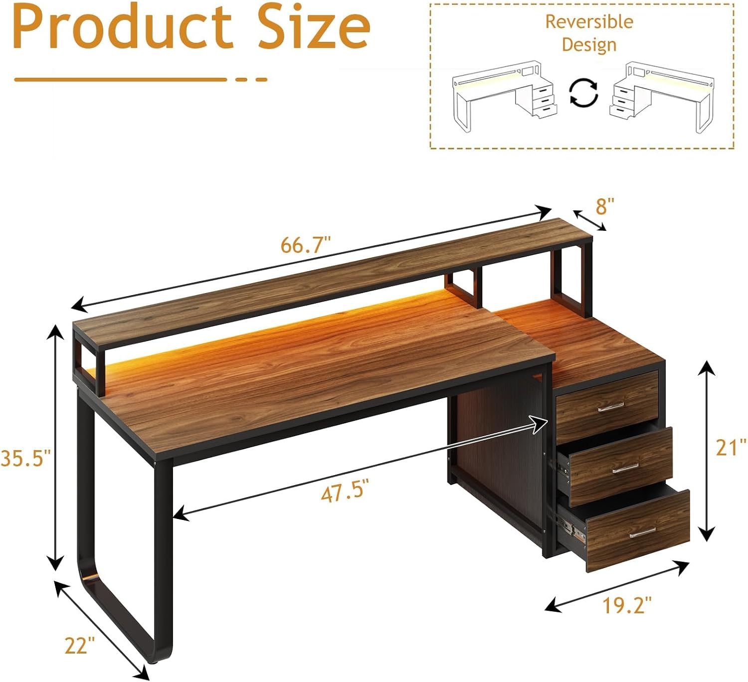 HOMBCK 67' Computer Desk with 3 Drawers, Home Office Desk with Long Monitor Stand and Printer Space, Office Desk with Storage & LED Lights, Writing Desk with Drawers, Black and Walnut
