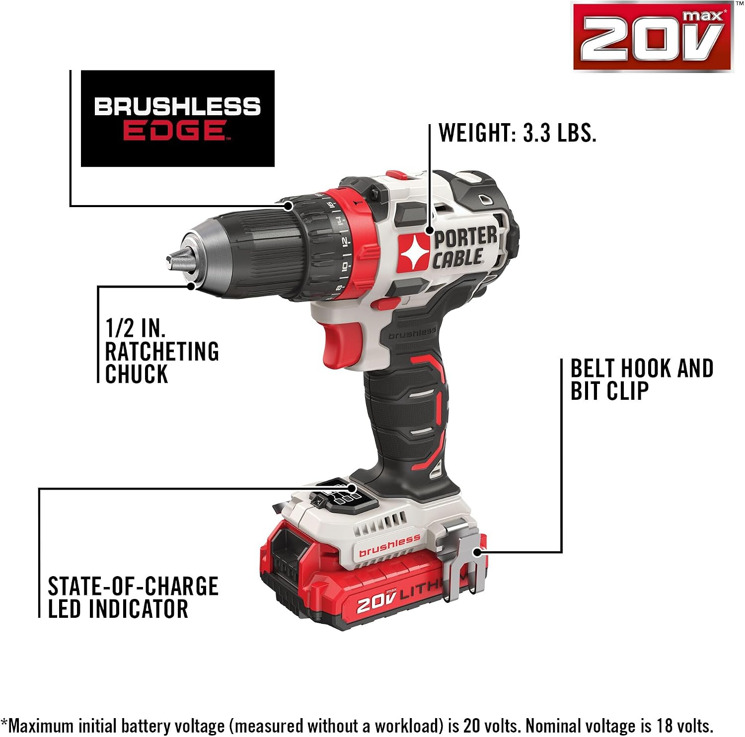 PORTER-CABLE 20V MAX Cordless Drill Driver Kit with 2 Batteries and Charger, 1/2 Inch (PCCK607LB)