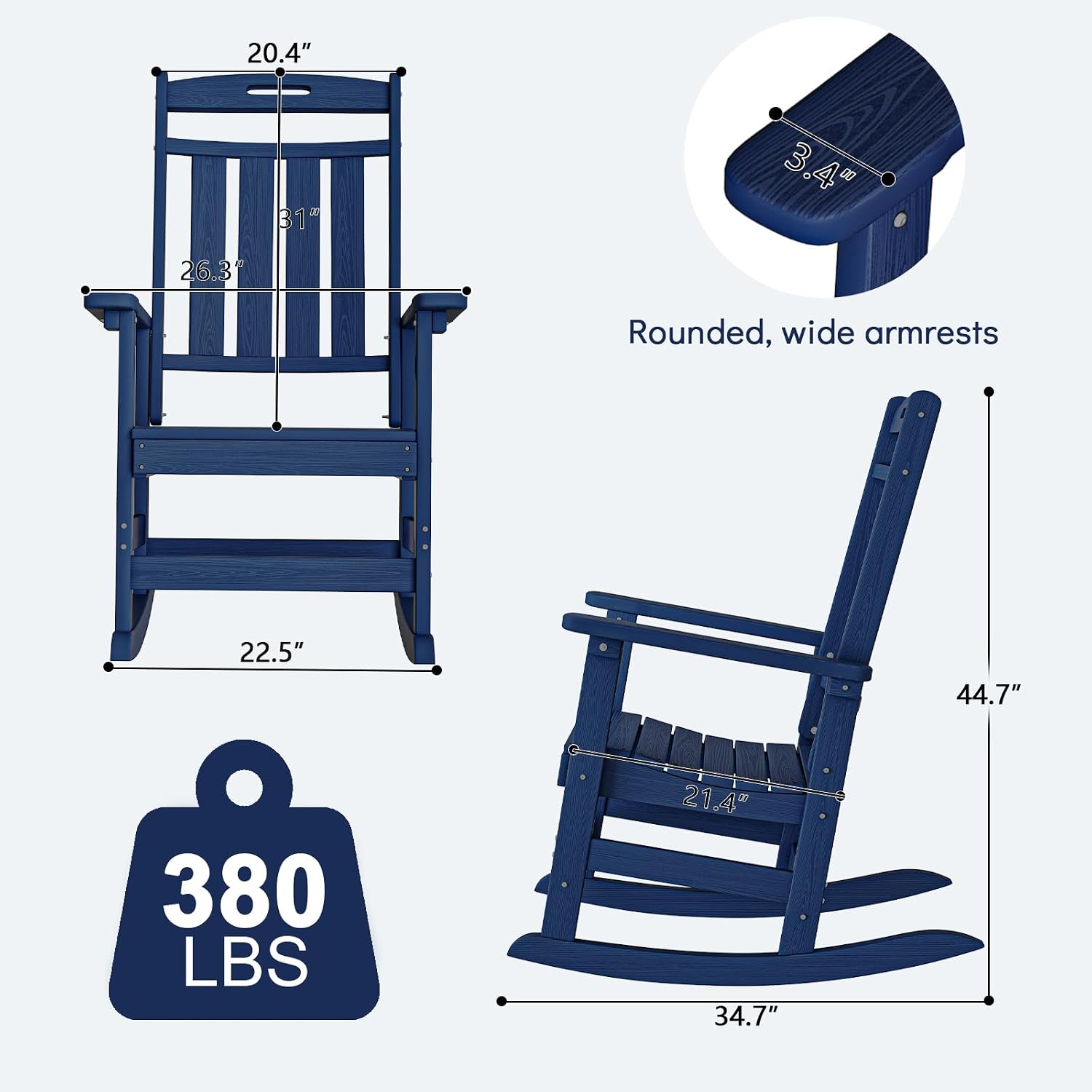 Plawdlik Oversized Rocking Chair,HDPE All-Weather Outdoor Rocking Chair,Patio Rocking Chairs for Porch.Navy Blue