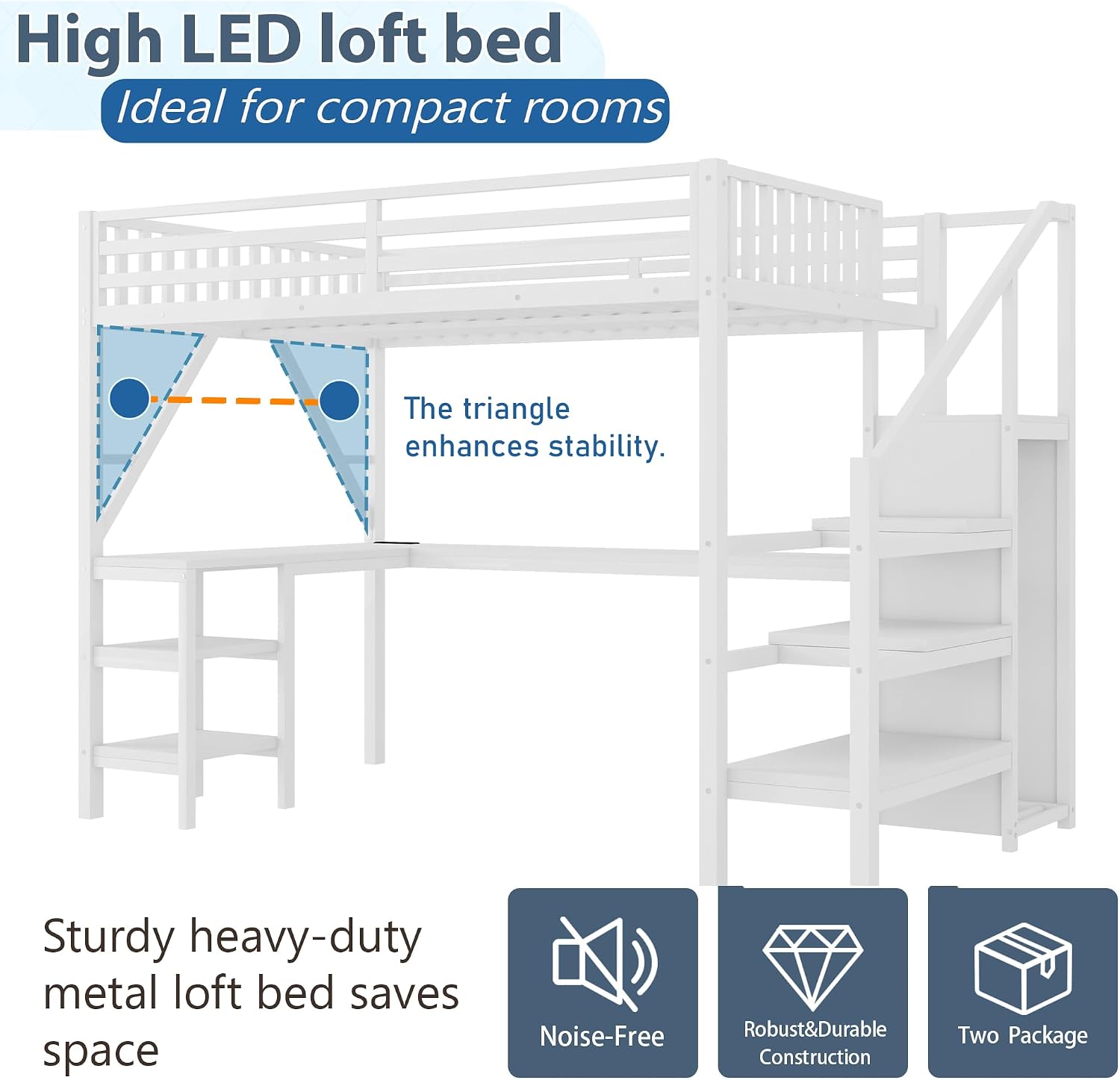 Full Size Loft Bed with Stairs and Desk, Gaming Loft Beds with RGB LED Light and Storage Shelf, Heavy-Duty Metal Loft Bed Frame with Wardrobe, Charging Port for Kids Teens, White