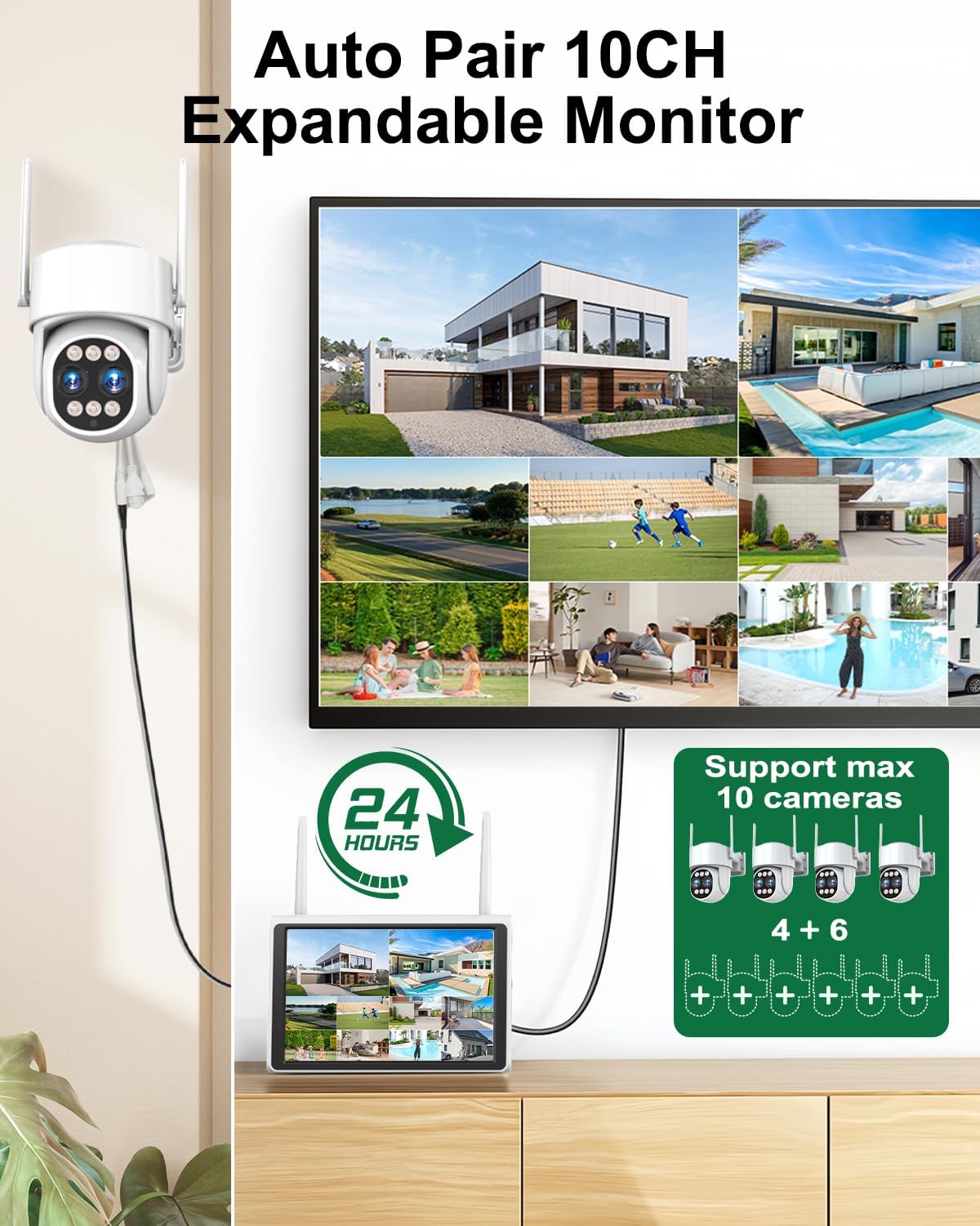 4K Security Camera System Wireless, Dual Lens 4MP+4MP 10X Zoom 2.4G/5G PTZ Cameras for Outdoor Home Security, Auto Tracking, 10' Monitor NVR Pre-Installed with 1TB HDD, 24/7 Record