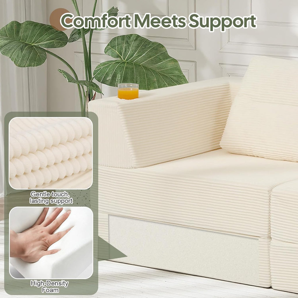 COMAX Futon Sofa Bed 3 Seater, 106' Convertible Sofa Bed Couches for Living Room, 4 in 1 Folding Boneless Sleeper Corduroy Couch Foam in a Box, Comfy Foldable Lounge Fold Out Floor Mattress, Beige