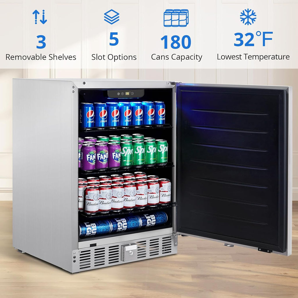 Garvee Beverage Fridge 24 Inch, Stainless Steel Under Counter Beverage Refrigerator 180 Capacity Freestanding Beer Drink Soda Cooler Fridges for Indoor Kitchen, Apart, Office, Home, Supermarket