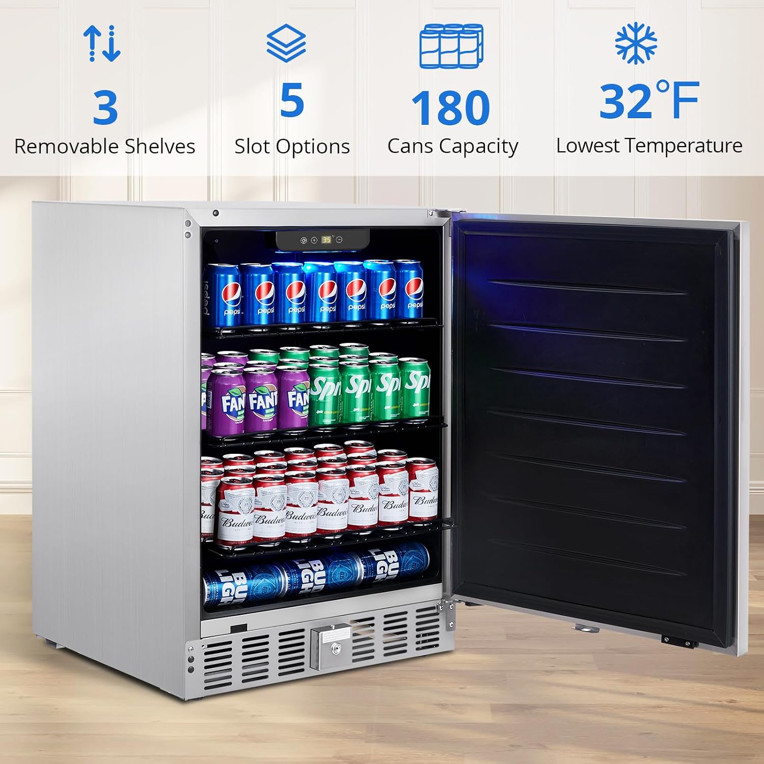 Garvee Beverage Fridge 24 Inch, Stainless Steel Under Counter Beverage Refrigerator 180 Capacity Freestanding Beer Drink Soda Cooler Fridges for Indoor Kitchen, Apart, Office, Home, Supermarket