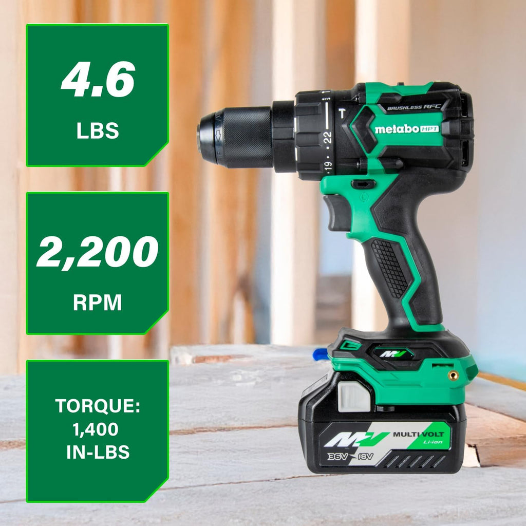 Metabo HPT 36V MultiVolt™ Cordless Brushless 1/2' Hammer Drill Kit, Power Drill Kit with Lithium-Ion Metabo Batteries , Case and Charger, Compact Lightweight Power Tool, DV36DC