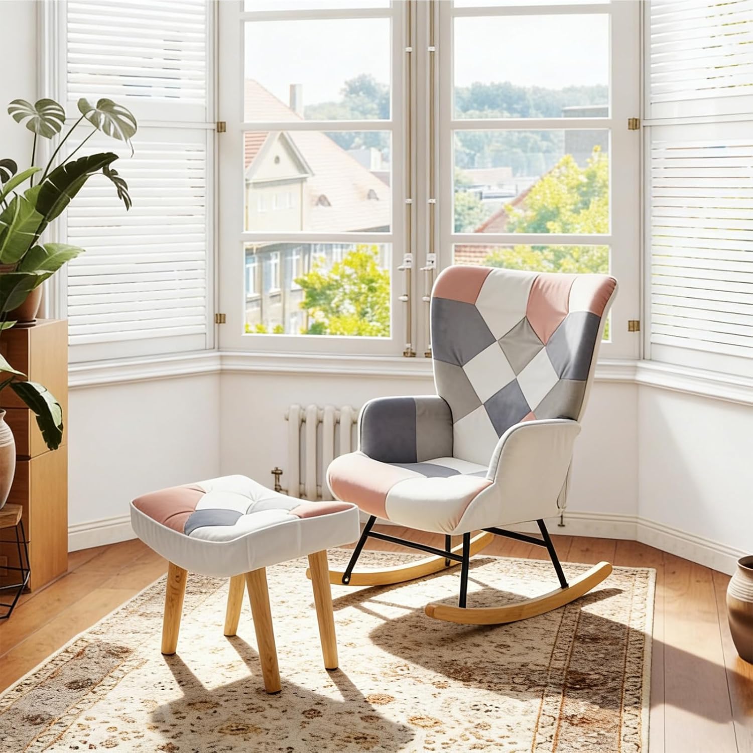 Nursery Rocking Chair, Baby Toddler Glider Rocker with Ottoman, Comfy Accent Chair, for Bedroom Living Room Small Spaces, Patchwork Velvet, Pink