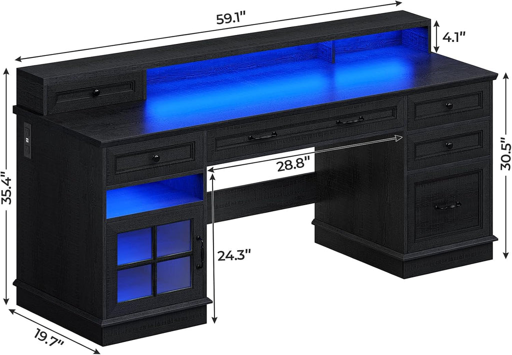 BTHFST 59.1' Executive Desk with File Drawer, Home Office Desk with Charging Station & LED Lights, Computer Desk with Drawers & Storage Cabinet, Executive Office Desk with Monitor Stand, Black