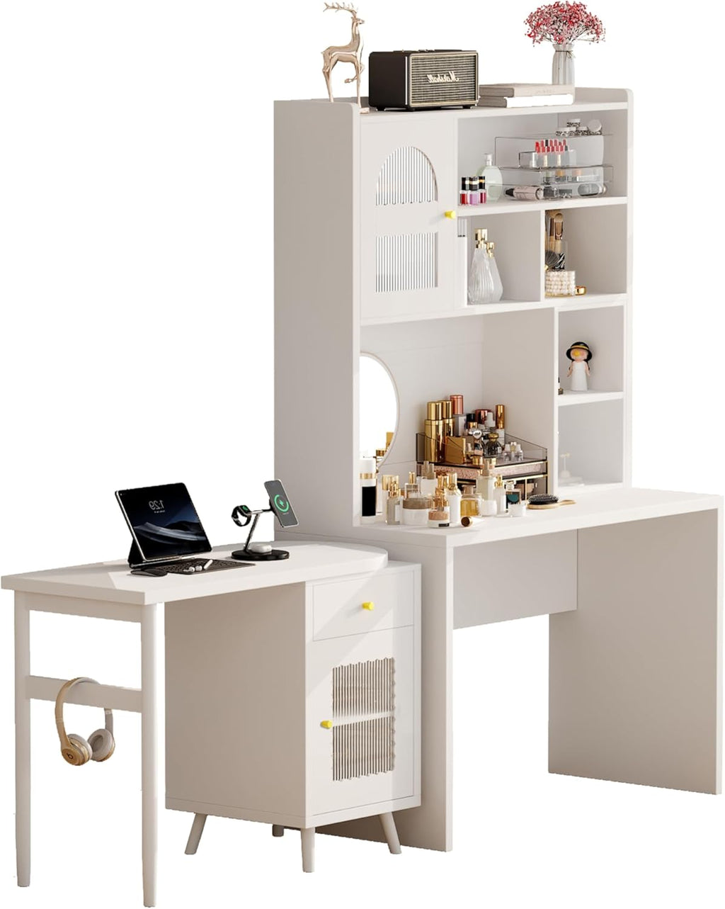 Bellemave Computer Desk with 90 Degree Rotating Desktop, 43x70 Inch Home Office Desk with Drawer and Storage Cabinets, Gaming Desk with Shelves, Writing Desk for Study (White)