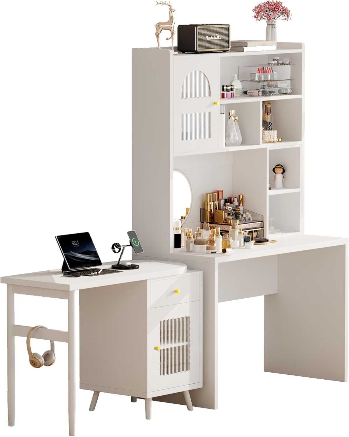 Bellemave Computer Desk with 90 Degree Rotating Desktop, 43x70 Inch Home Office Desk with Drawer and Storage Cabinets, Gaming Desk with Shelves, Writing Desk for Study (White)