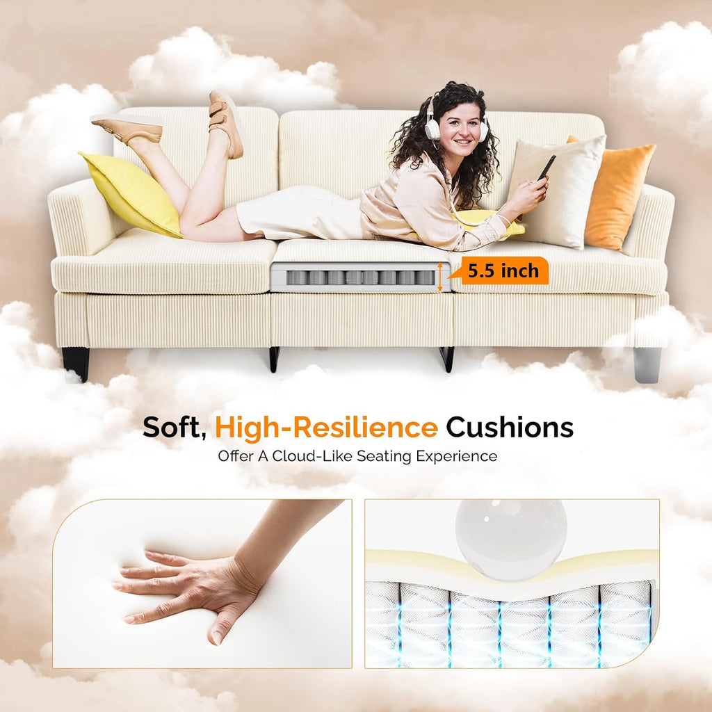 VINGLI Beige 83' Sofa Couches for Living Room, Corduroy Modern Comfy 3 Seater Couch 25.6' Deep Seat Upholstery Cozy Sofas for Small Space, Bedroom, Apartment, Home Office