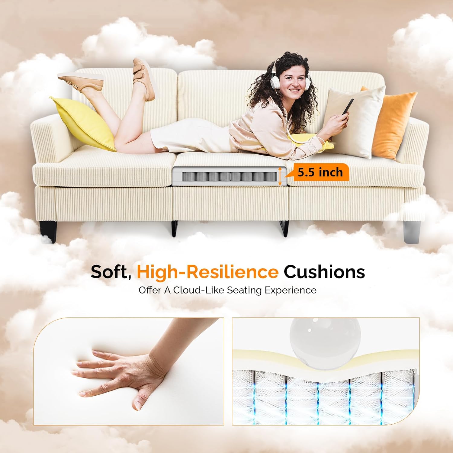 VINGLI Beige 83' Sofa Couches for Living Room, Corduroy Modern Comfy 3 Seater Couch 25.6' Deep Seat Upholstery Cozy Sofas for Small Space, Bedroom, Apartment, Home Office