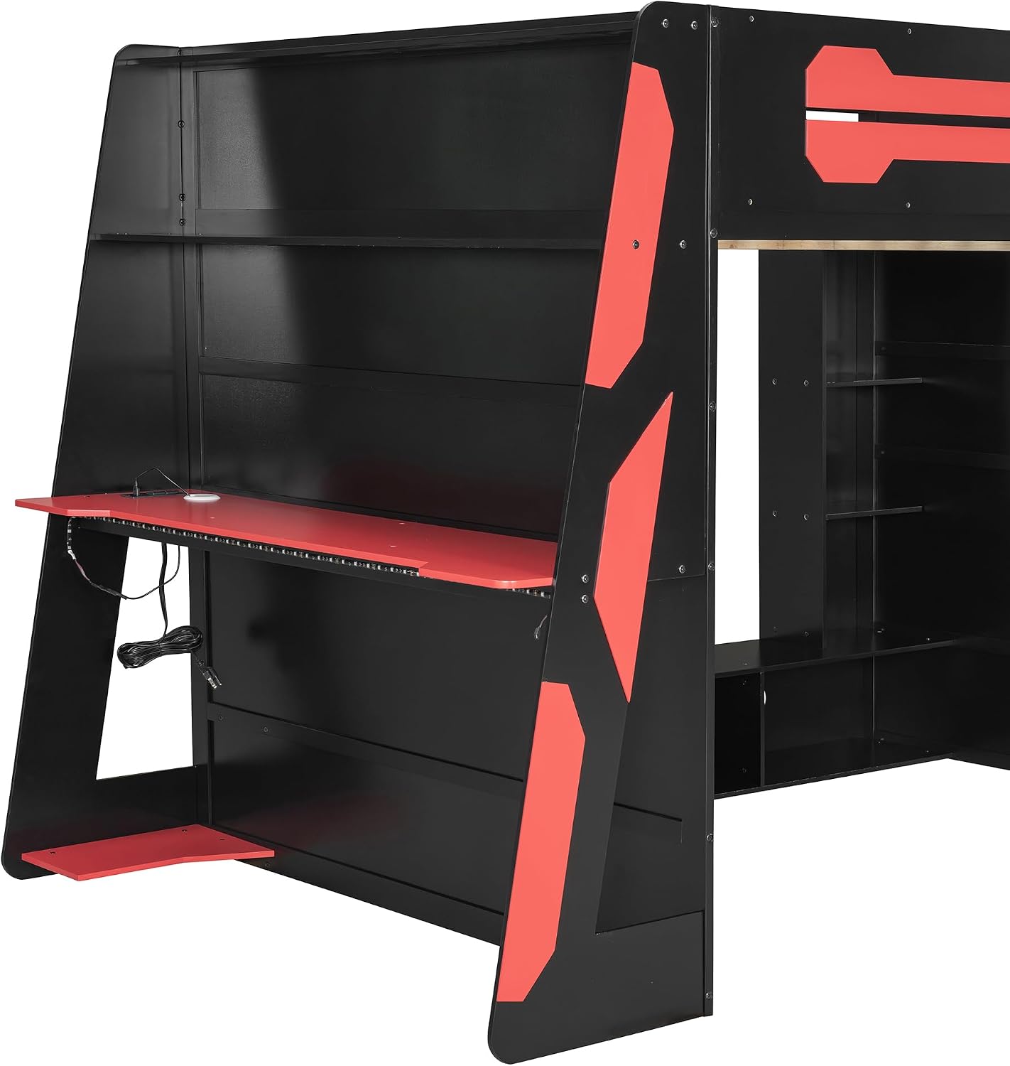 LUMISOL Full Size Gaming Loft Bed with Desk, Multi-Storage Shelves, RGB LED Lights & Built-in Charging Stations for Teens & Adults, Heavy Duty Support, Red Black