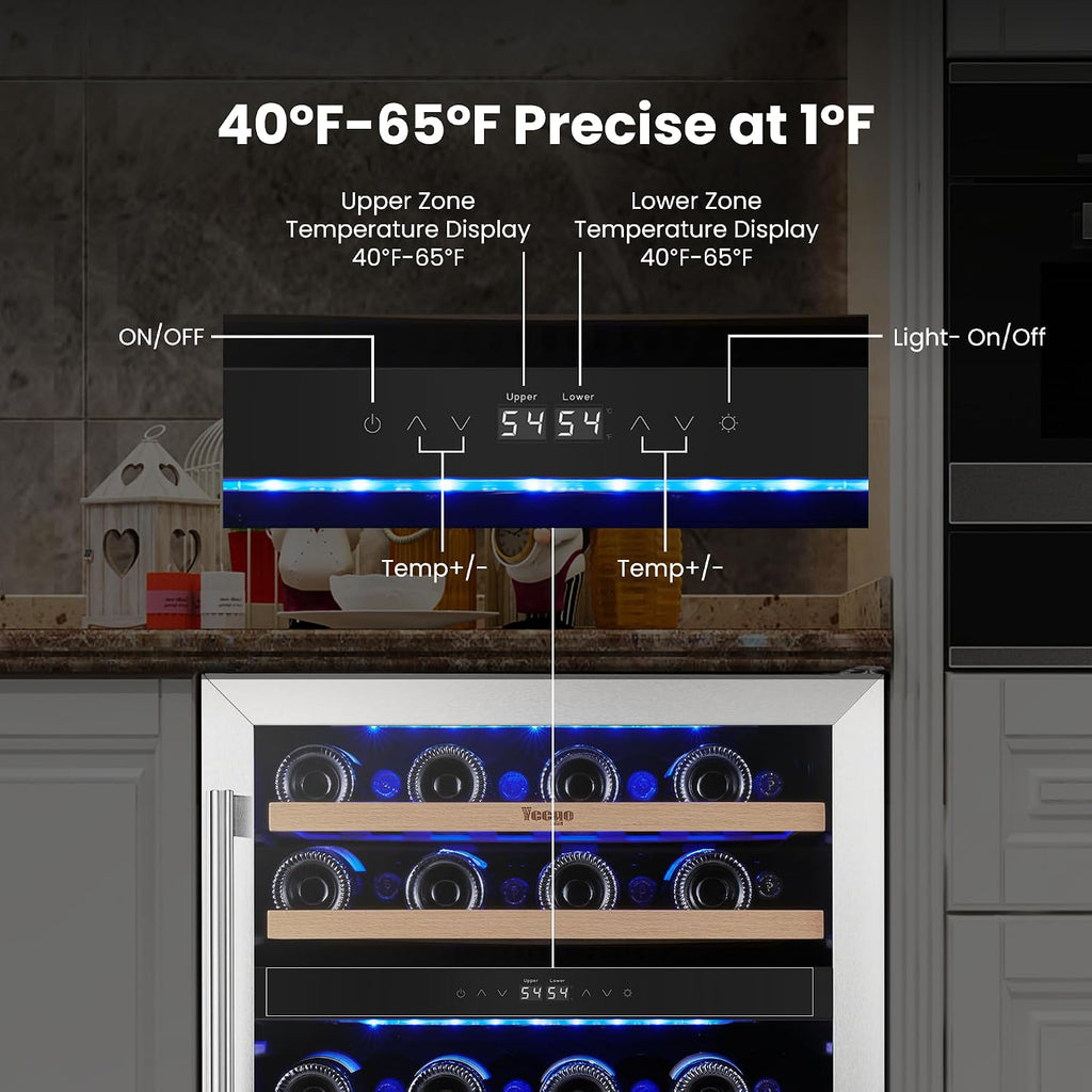 Yeego Wine Fridge Cooler - 24 Inch Dual Zone Wine Fridge Hold 52 Bottles, 40-65°F Wine Refrigerator Glass Door, Built in, Freestanding Under Counter Fridge for Beer Soda Drink Home Bar Office