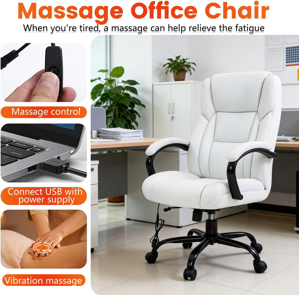 Office Chair Desk Chair Computer Chair with Lumbar Support Headrest Armrest Swivel Rolling PU Leather Task Big and Tall 500lb Wide Seat Massage Ergonomic Chair Adjustable for Adults Women(Cream)