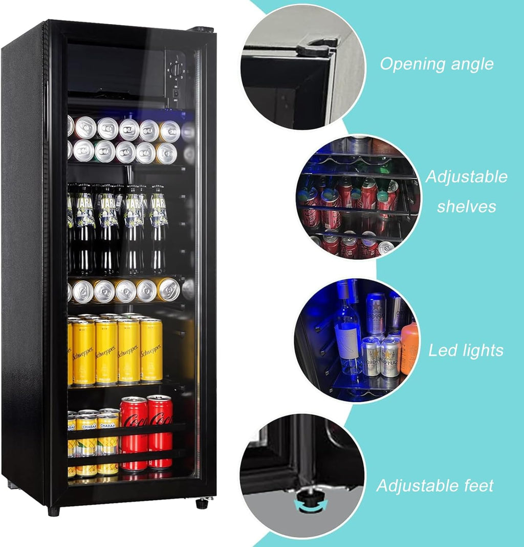 Cucina Magica 4.8 Cu.Ft Beverage Refrigerator, 155 Can Mini Fridge with Freeze with Glass Door, Adjustable Shelves, Drink Fridge, Suitable for Soda, Beer, Essential for Home/Bar