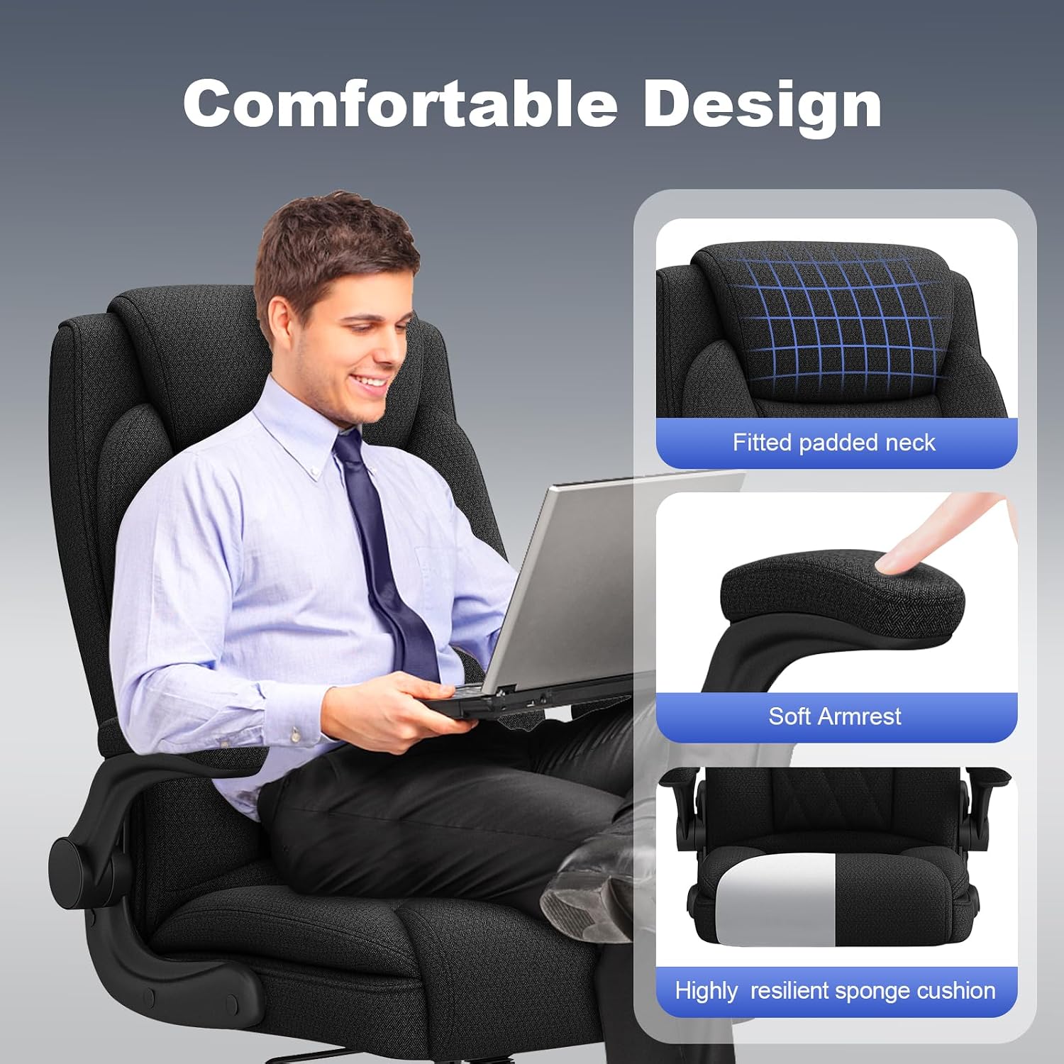 ralex-chair 2 Pack Big and Tall Office Chair -500 lb Heavy Duty Office Chair for Big Man, Fabric High Back Executive Office Desk Chair with 120° Tilt Rock,Computer Desk Chair with flip up arm - Black