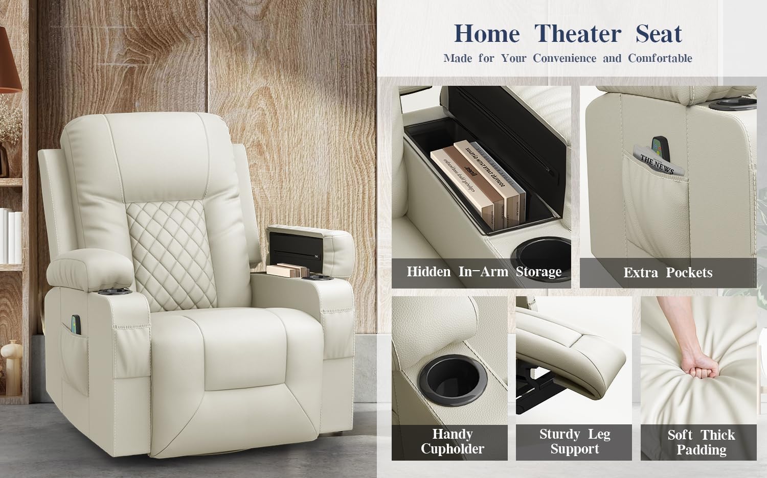 FURNIMAT Recliner Chairs for Adults, Massage Rocker with Heated Modern Ergonomic Lounge 360 Degree Swivel Single Sofa Seat Living Room Lounge Recliners Ivory White