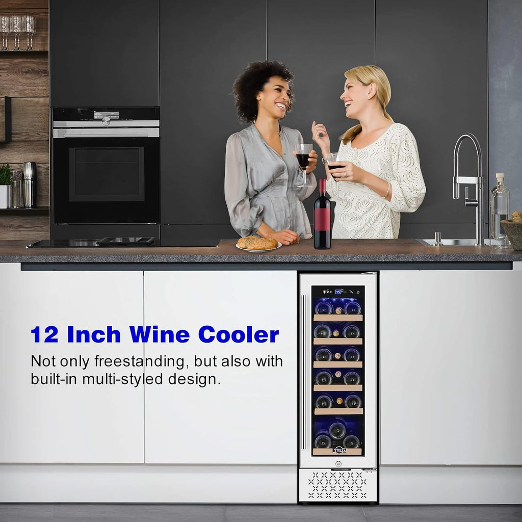 Tylza 12' Wine Cooler Refrigerator, 18 Bottles Wine Fridge Built-in or Freestanding with Stainless Steel & Double-Layer Tempered Glass Door, Compressor Fast Cooling, Low Noise and No Fog, Mini Fridge